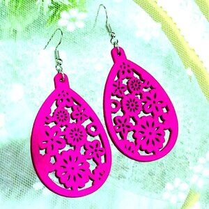 Ellisa Raine Sweet Pink Floral Wood Filigree Water Drop Earrings Gift Packaged
